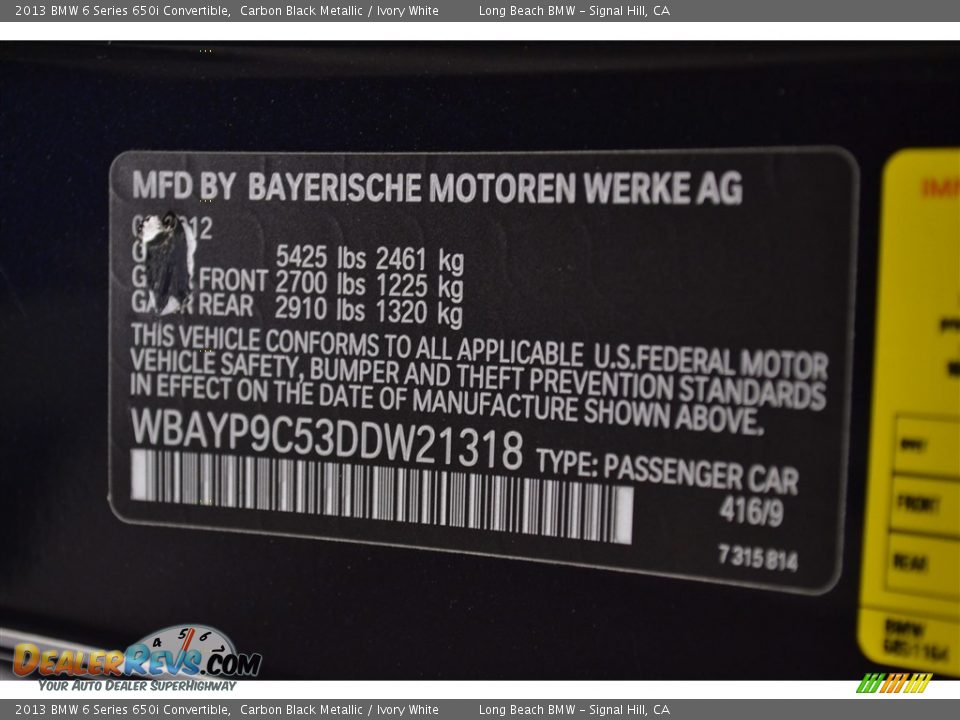 2013 BMW 6 Series 650i Convertible Carbon Black Metallic / Ivory White Photo #30