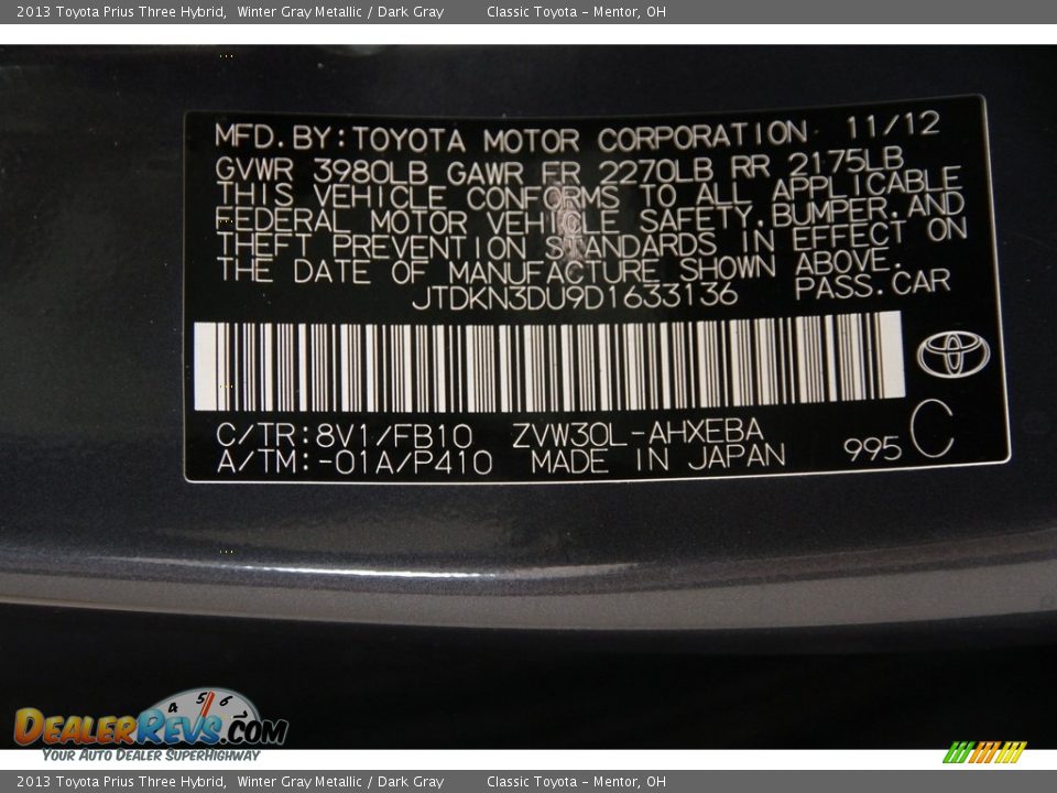 2013 Toyota Prius Three Hybrid Winter Gray Metallic / Dark Gray Photo #22