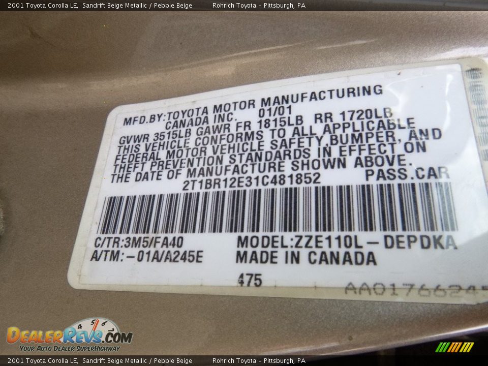2001 Toyota Corolla LE Sandrift Beige Metallic / Pebble Beige Photo #20