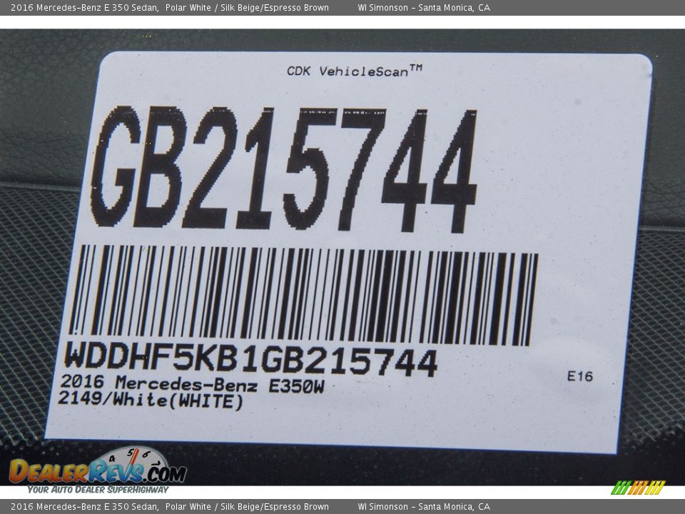 2016 Mercedes-Benz E 350 Sedan Polar White / Silk Beige/Espresso Brown Photo #8