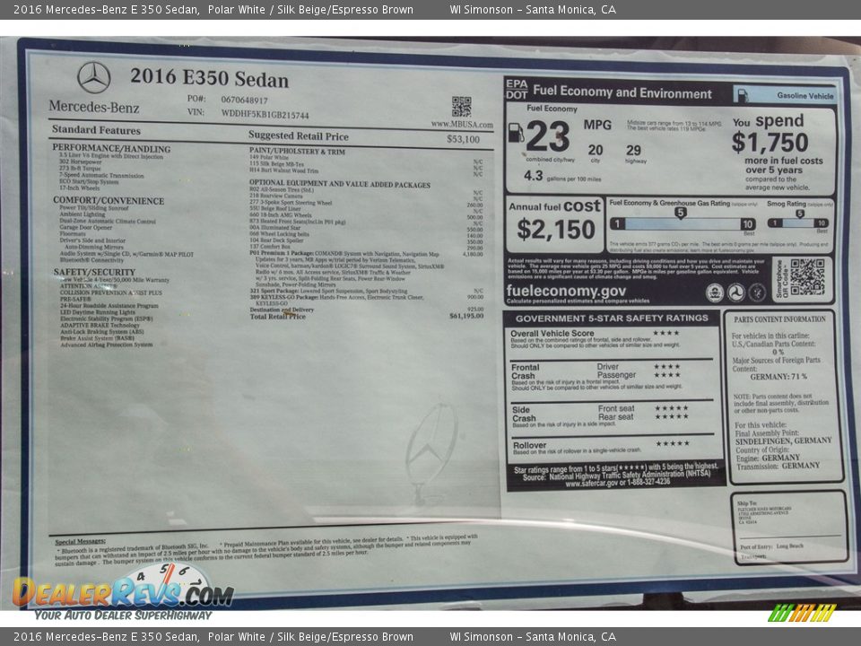 2016 Mercedes-Benz E 350 Sedan Polar White / Silk Beige/Espresso Brown Photo #11