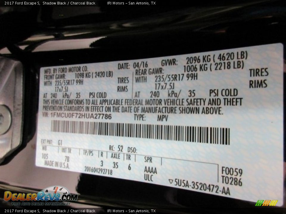 2017 Ford Escape S Shadow Black / Charcoal Black Photo #30
