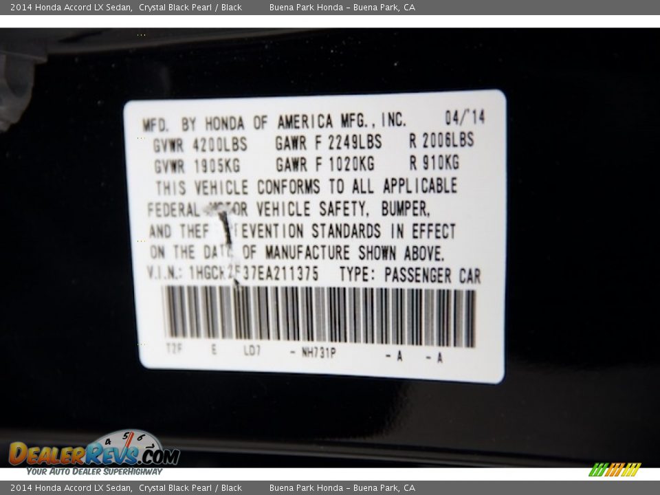 2014 Honda Accord LX Sedan Crystal Black Pearl / Black Photo #32