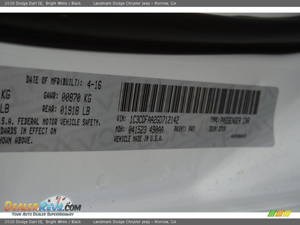 2016 Dodge Dart SE Bright White / Black Photo #7