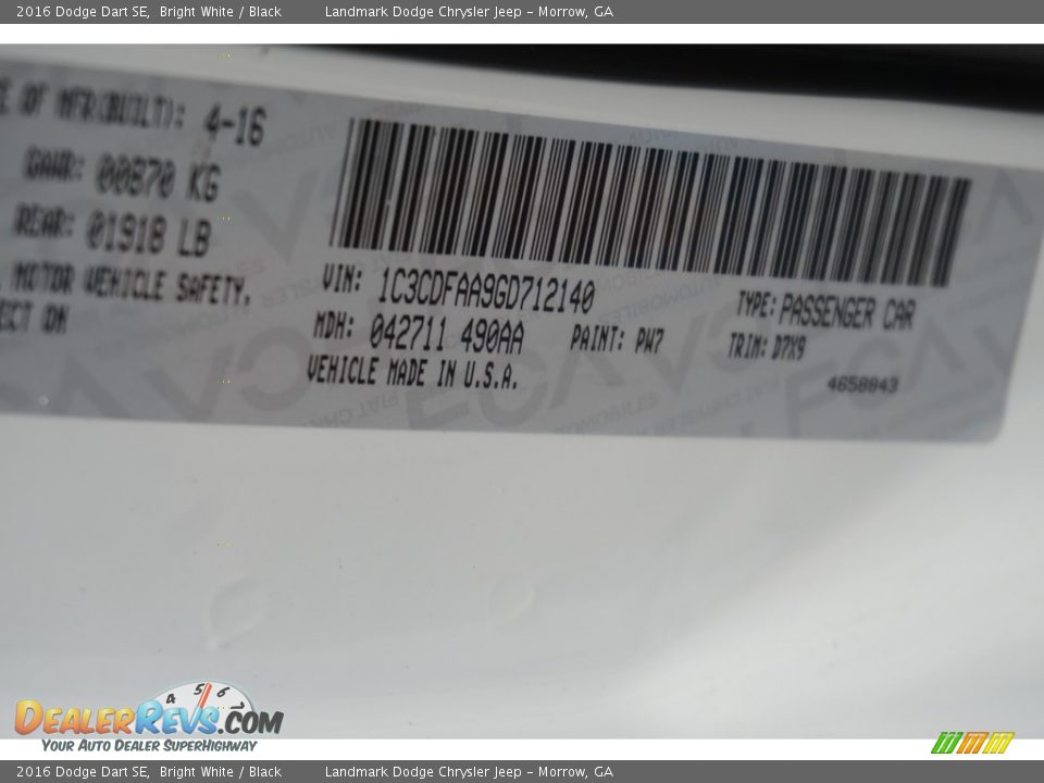2016 Dodge Dart SE Bright White / Black Photo #7