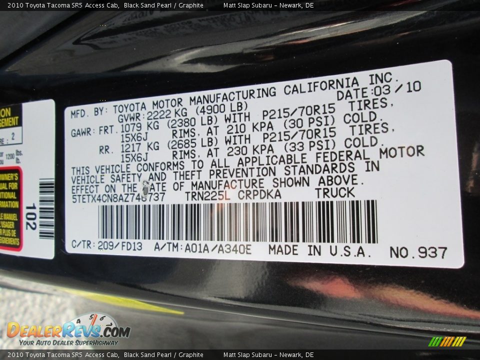 2010 Toyota Tacoma SR5 Access Cab Black Sand Pearl / Graphite Photo #27