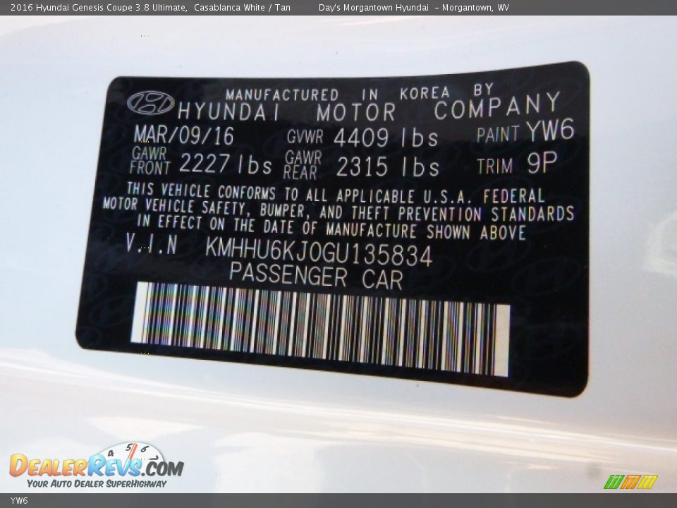 Hyundai Color Code YW6 Casablanca White