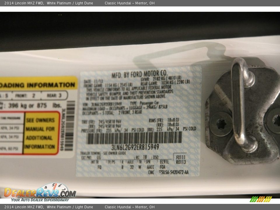 2014 Lincoln MKZ FWD White Platinum / Light Dune Photo #19