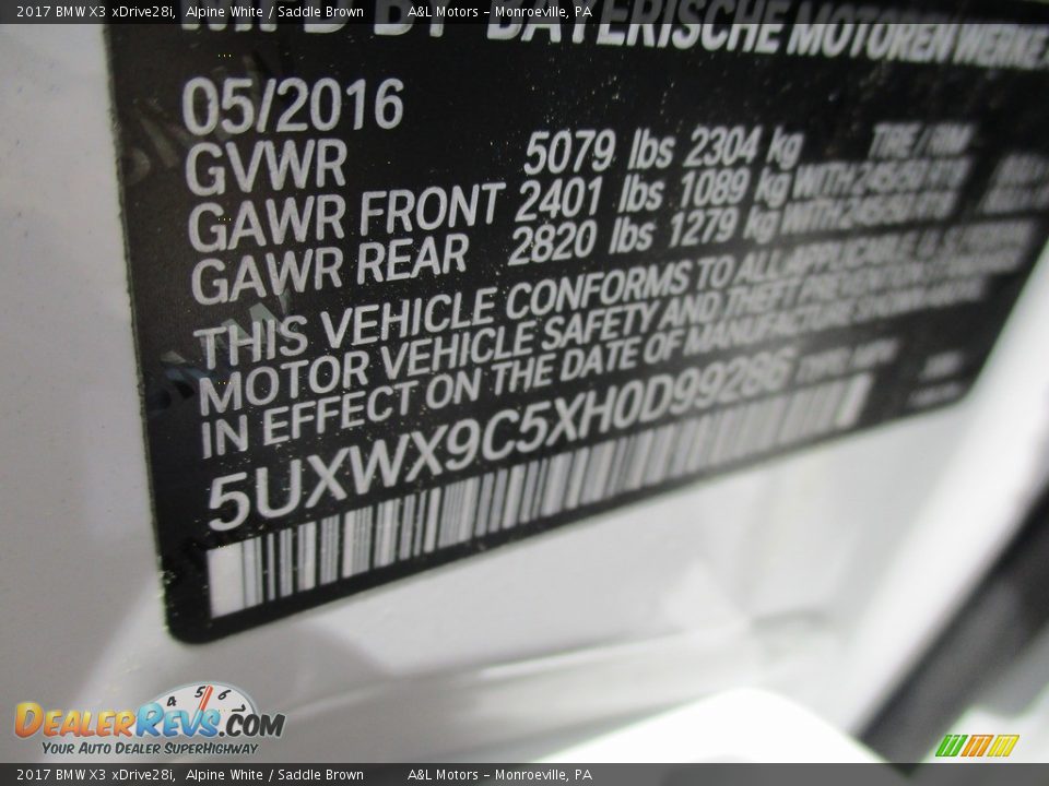 2017 BMW X3 xDrive28i Alpine White / Saddle Brown Photo #19