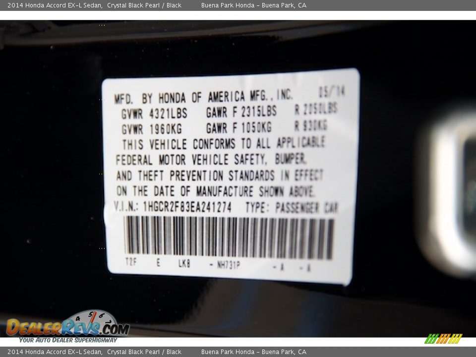 2014 Honda Accord EX-L Sedan Crystal Black Pearl / Black Photo #35