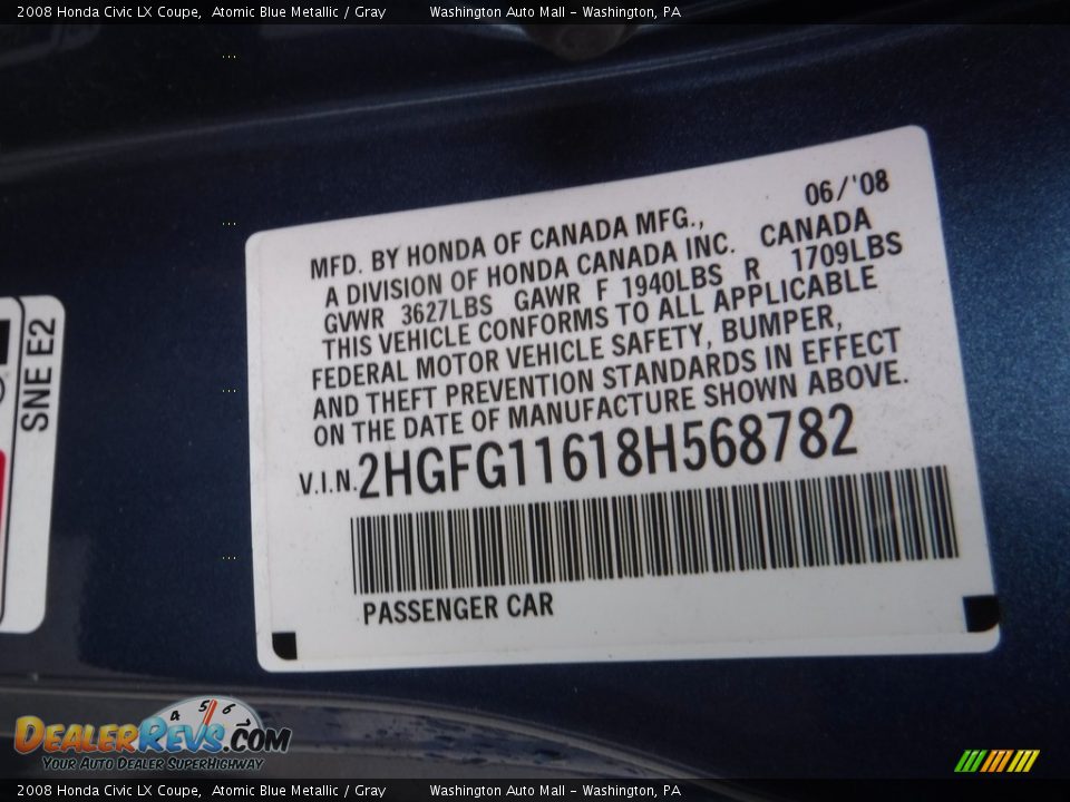 2008 Honda Civic LX Coupe Atomic Blue Metallic / Gray Photo #19
