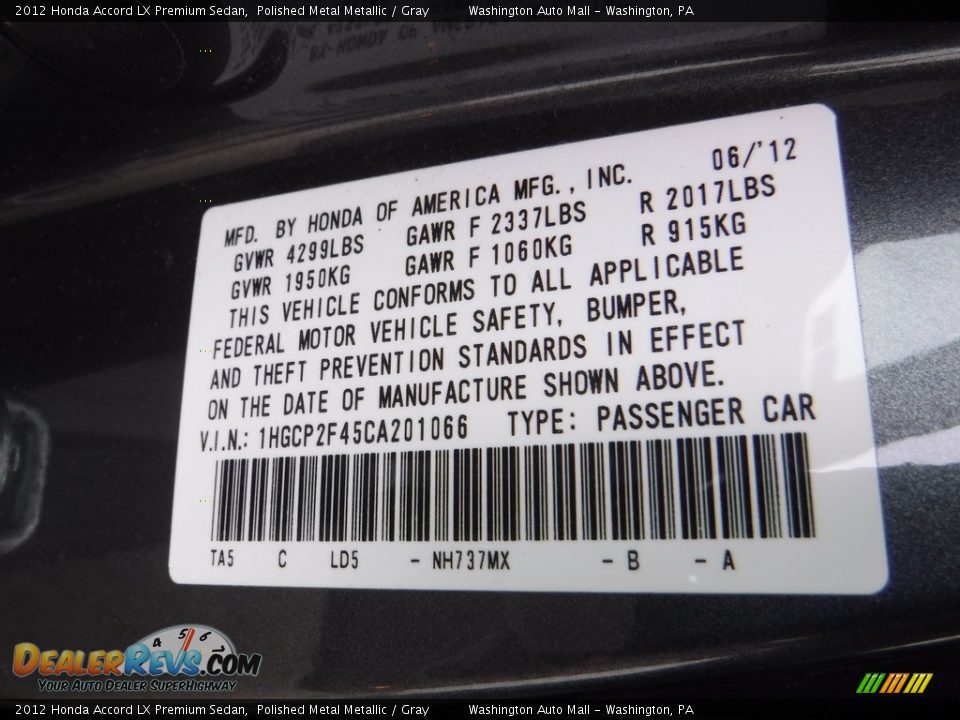 2012 Honda Accord LX Premium Sedan Polished Metal Metallic / Gray Photo #19