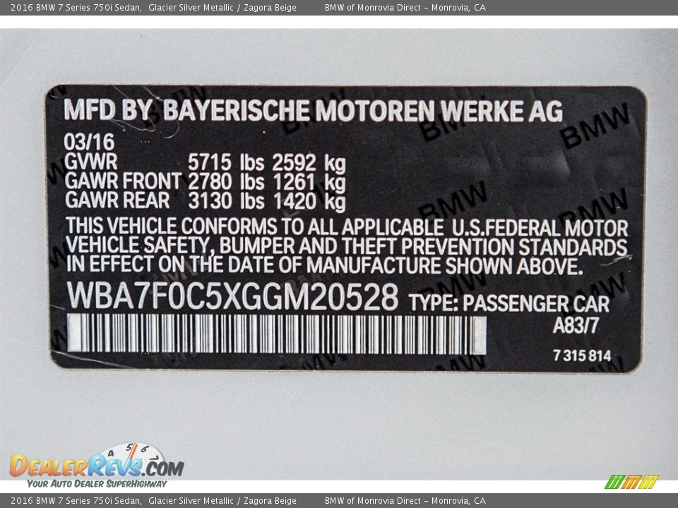 2016 BMW 7 Series 750i Sedan Glacier Silver Metallic / Zagora Beige Photo #7