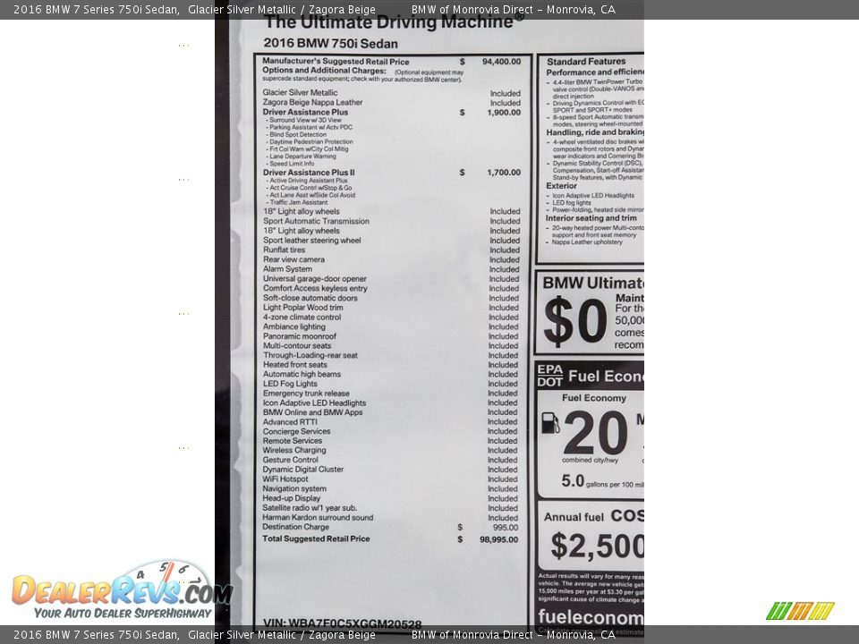 2016 BMW 7 Series 750i Sedan Window Sticker Photo #11