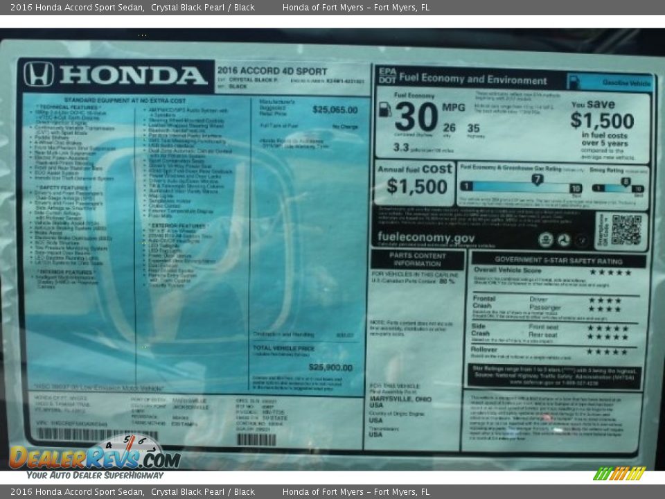 2016 Honda Accord Sport Sedan Crystal Black Pearl / Black Photo #28