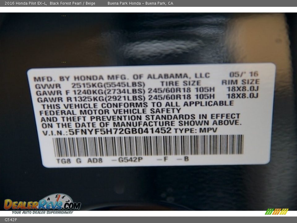 Honda Color Code G542P Black Forest Pearl