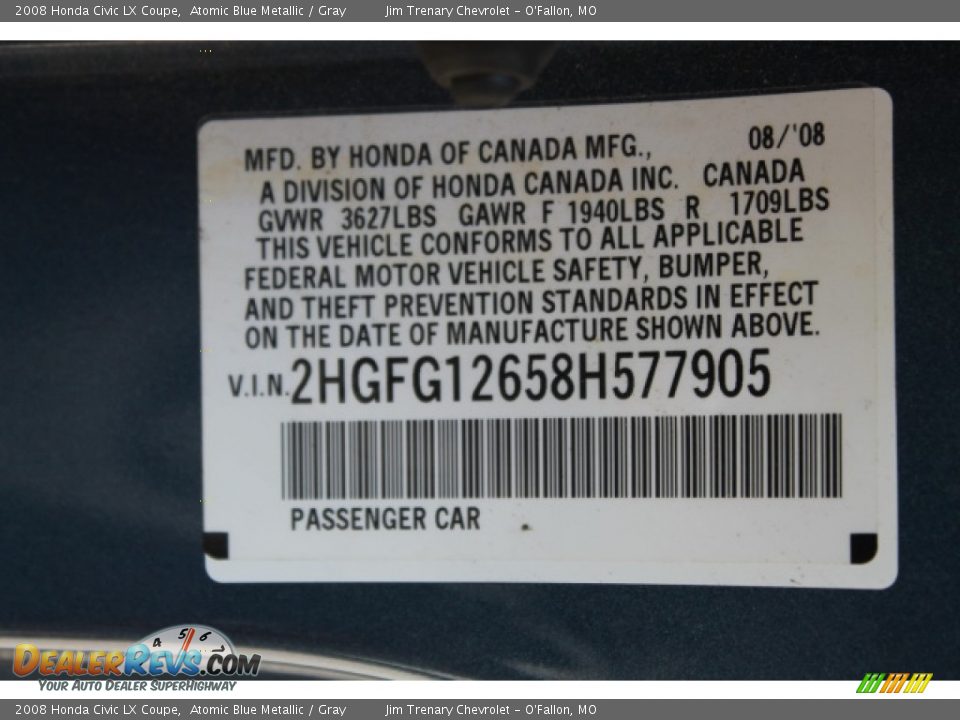 2008 Honda Civic LX Coupe Atomic Blue Metallic / Gray Photo #17