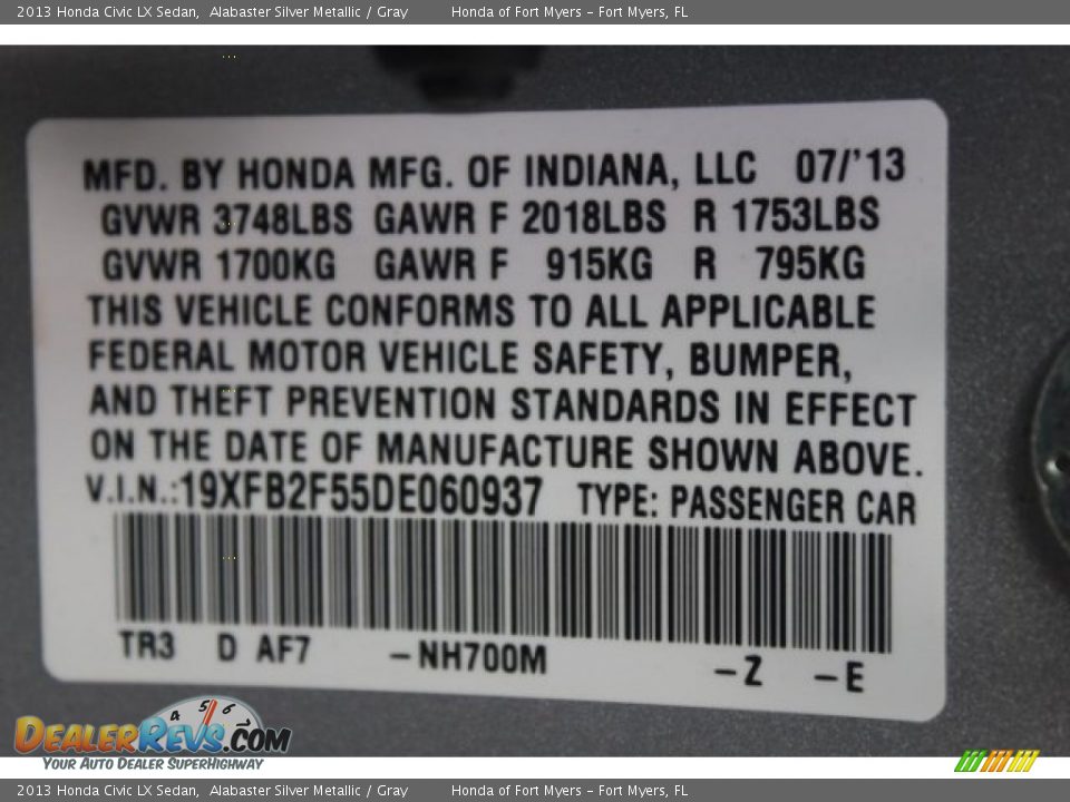 2013 Honda Civic LX Sedan Alabaster Silver Metallic / Gray Photo #33