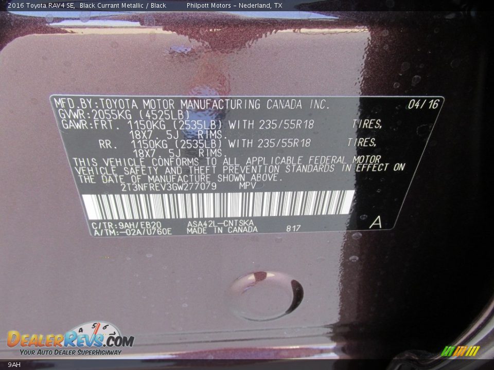 Toyota Color Code 9AH Black Currant Metallic