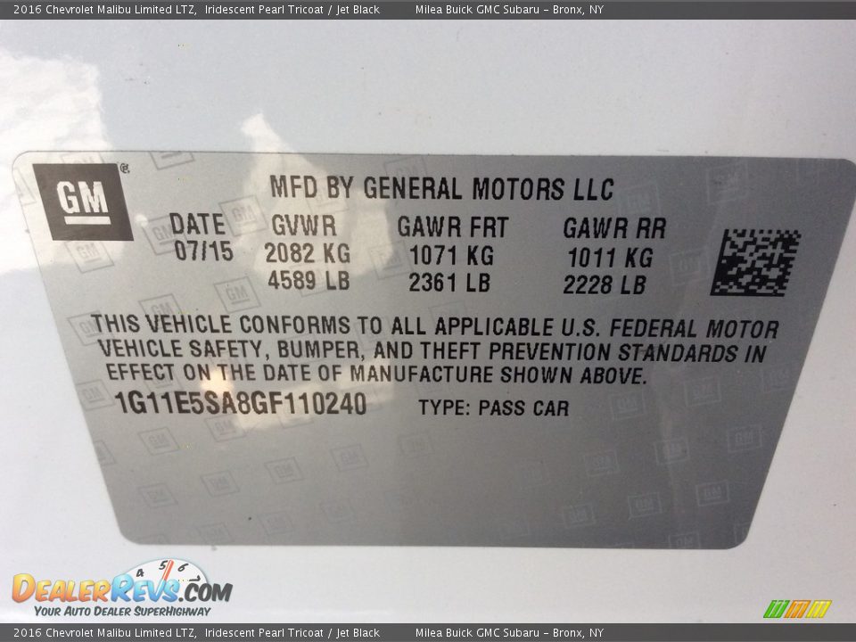 2016 Chevrolet Malibu Limited LTZ Iridescent Pearl Tricoat / Jet Black Photo #14