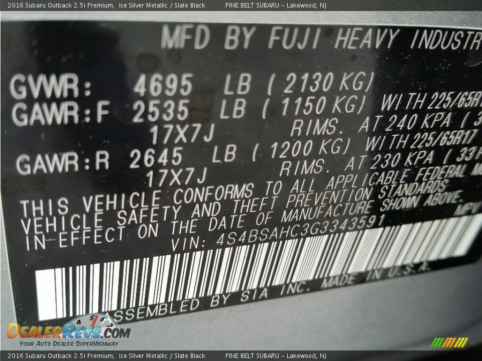 2016 Subaru Outback 2.5i Premium Ice Silver Metallic / Slate Black Photo #10