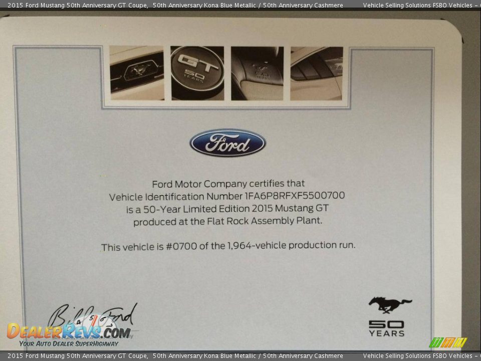 2015 Ford Mustang 50th Anniversary GT Coupe 50th Anniversary Kona Blue Metallic / 50th Anniversary Cashmere Photo #33
