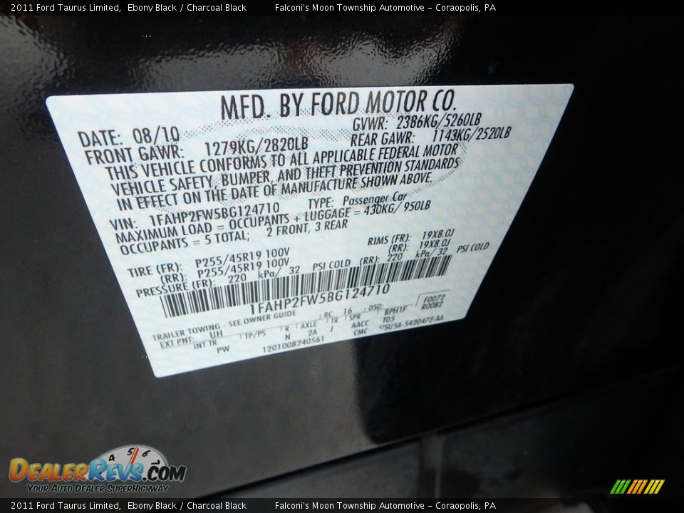 2011 Ford Taurus Limited Ebony Black / Charcoal Black Photo #23