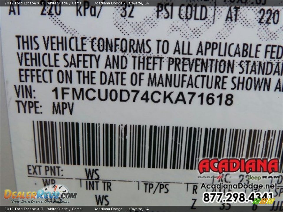 2012 Ford Escape XLT White Suede / Camel Photo #16
