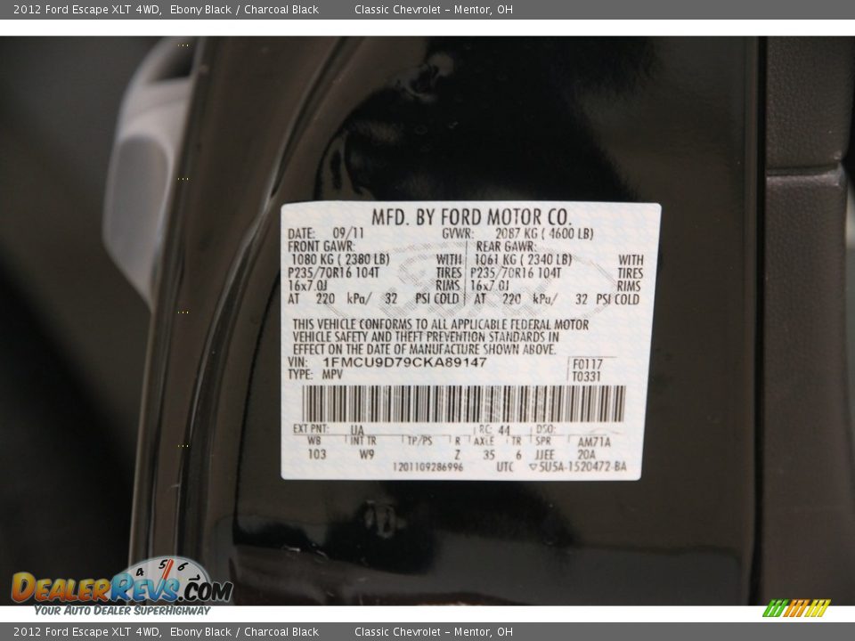 2012 Ford Escape XLT 4WD Ebony Black / Charcoal Black Photo #16