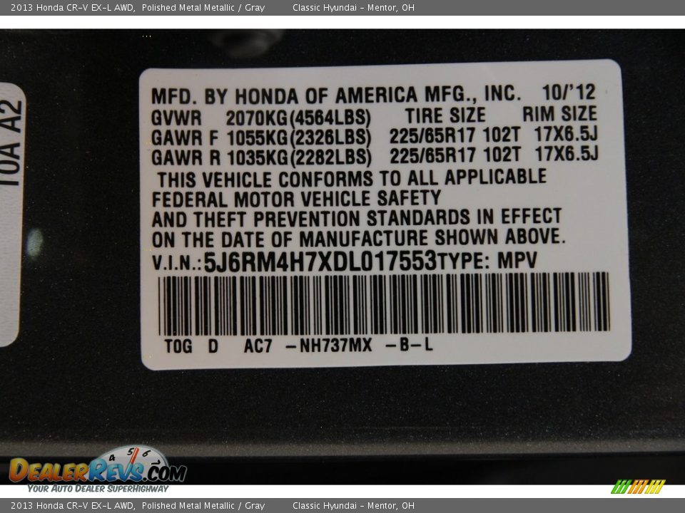 2013 Honda CR-V EX-L AWD Polished Metal Metallic / Gray Photo #22
