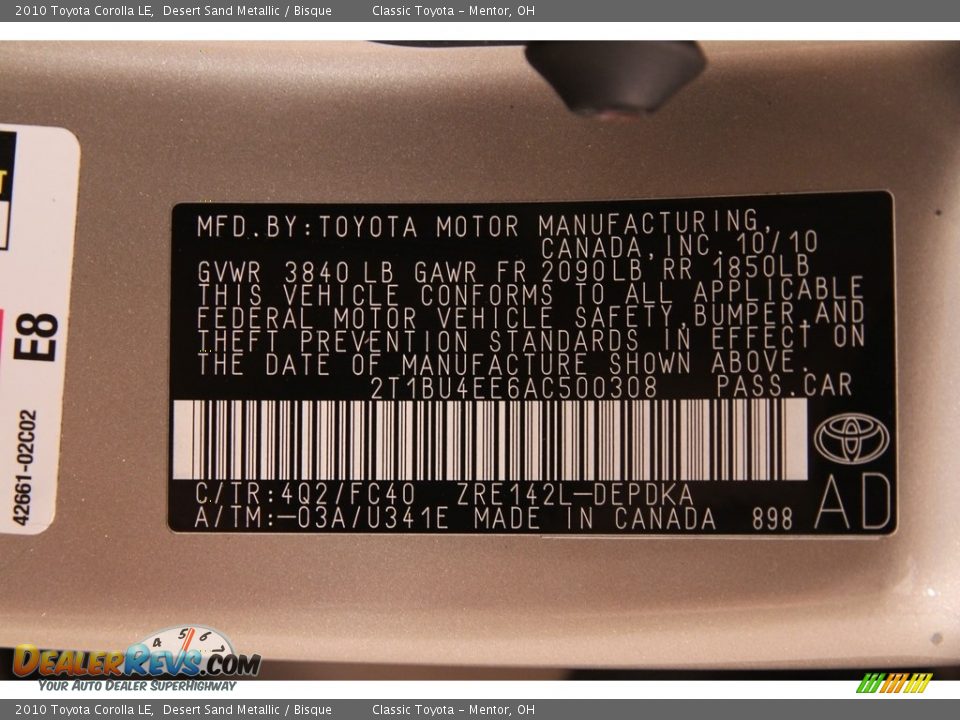 2010 Toyota Corolla LE Desert Sand Metallic / Bisque Photo #16