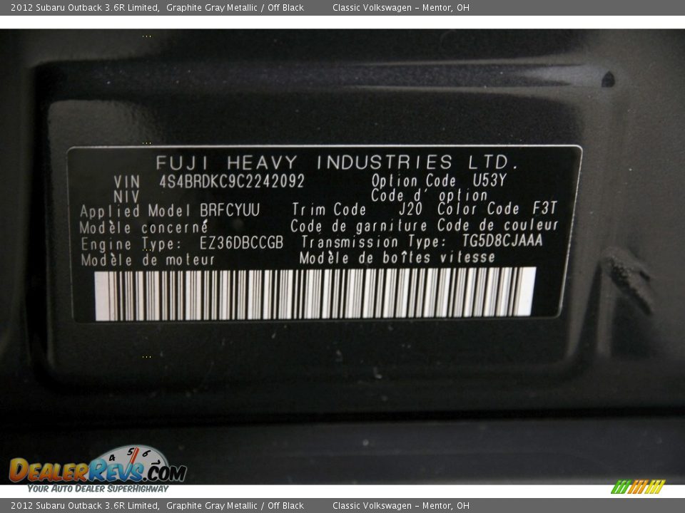 2012 Subaru Outback 3.6R Limited Graphite Gray Metallic / Off Black Photo #20