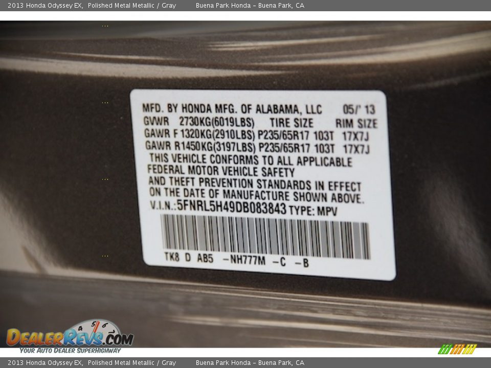 2013 Honda Odyssey EX Polished Metal Metallic / Gray Photo #31
