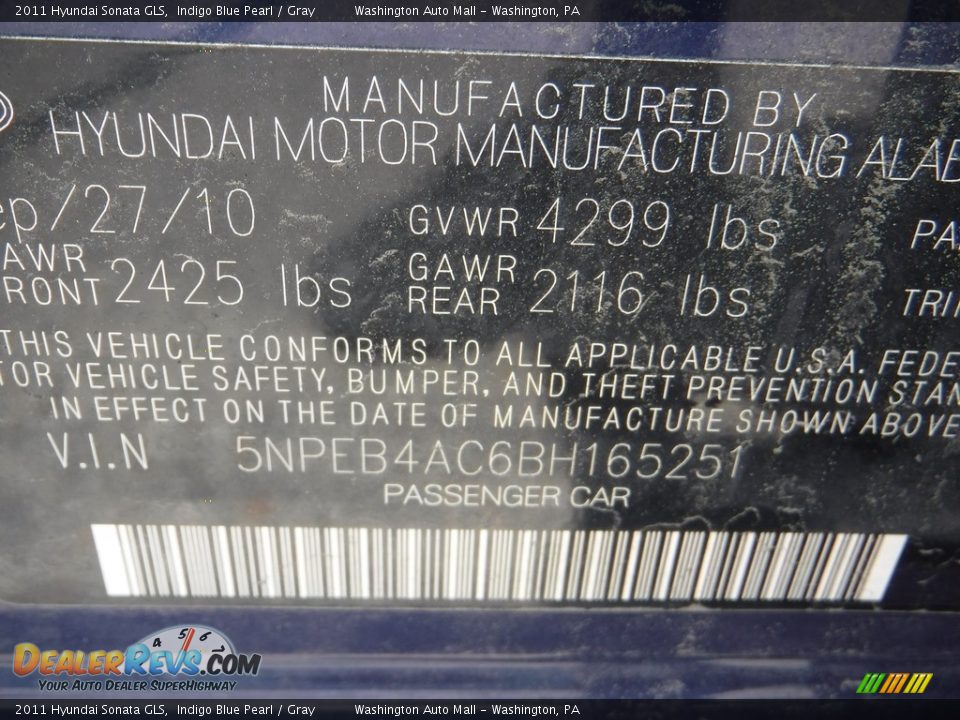 2011 Hyundai Sonata GLS Indigo Blue Pearl / Gray Photo #19