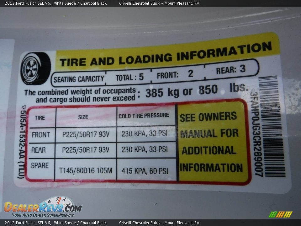 2012 Ford Fusion SEL V6 White Suede / Charcoal Black Photo #34
