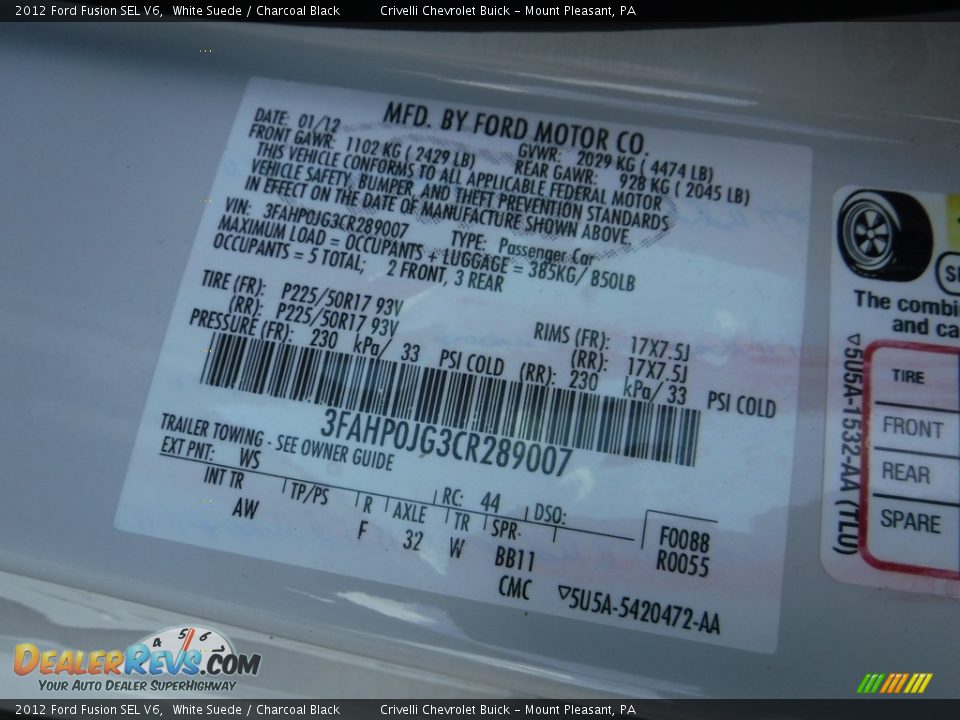 2012 Ford Fusion SEL V6 White Suede / Charcoal Black Photo #35