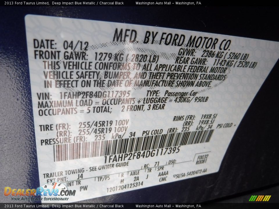 2013 Ford Taurus Limited Deep Impact Blue Metallic / Charcoal Black Photo #23