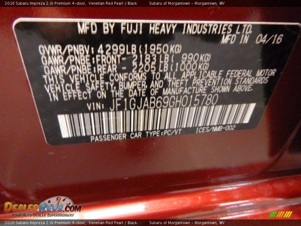 2016 Subaru Impreza 2.0i Premium 4-door Venetian Red Pearl / Black Photo #20