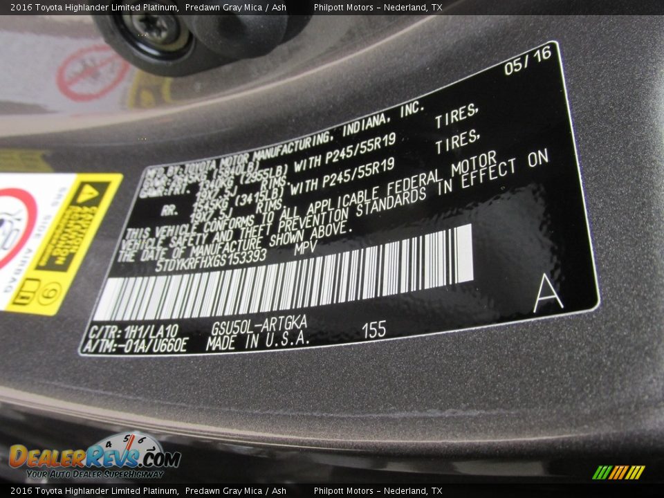 2016 Toyota Highlander Limited Platinum Predawn Gray Mica / Ash Photo #35
