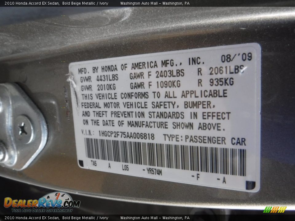 2010 Honda Accord EX Sedan Bold Beige Metallic / Ivory Photo #19