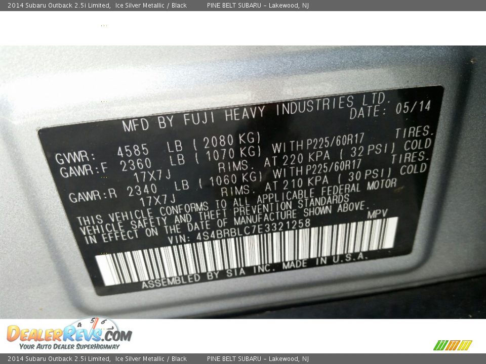 2014 Subaru Outback 2.5i Limited Ice Silver Metallic / Black Photo #19