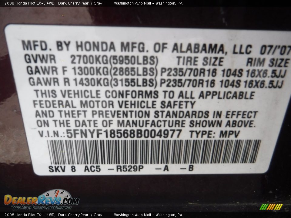 2008 Honda Pilot EX-L 4WD Dark Cherry Pearl / Gray Photo #19