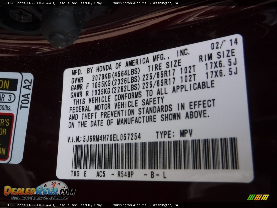 2014 Honda CR-V EX-L AWD Basque Red Pearl II / Gray Photo #24