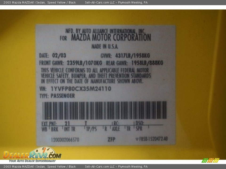 2003 Mazda MAZDA6 i Sedan Speed Yellow / Black Photo #14