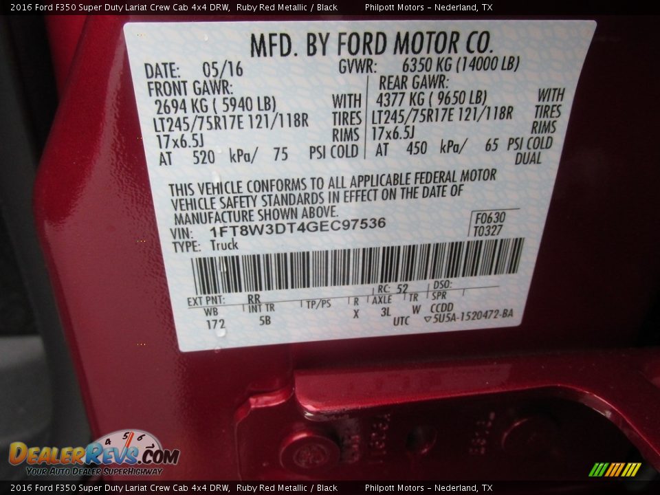 2016 Ford F350 Super Duty Lariat Crew Cab 4x4 DRW Ruby Red Metallic / Black Photo #36