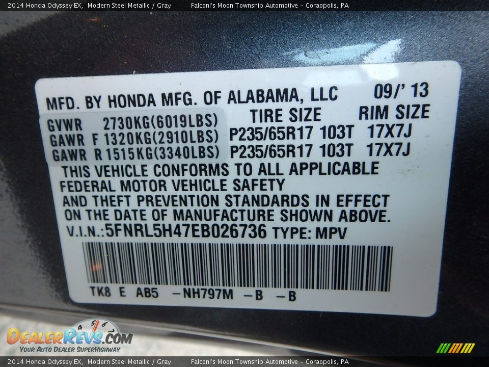 2014 Honda Odyssey EX Modern Steel Metallic / Gray Photo #23