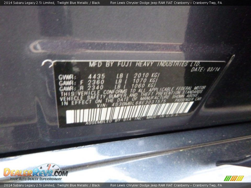 2014 Subaru Legacy 2.5i Limited Twilight Blue Metallic / Black Photo #16