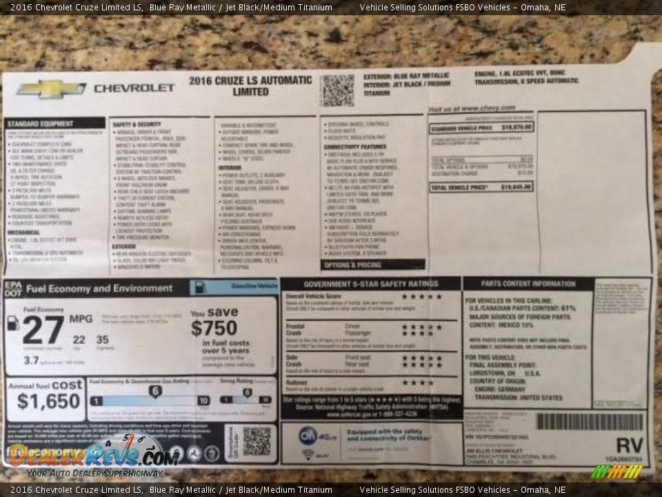 2016 Chevrolet Cruze Limited LS Window Sticker Photo #6