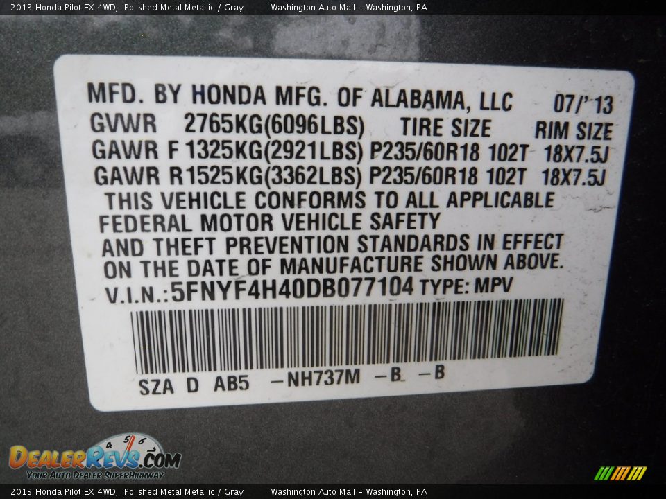 2013 Honda Pilot EX 4WD Polished Metal Metallic / Gray Photo #19