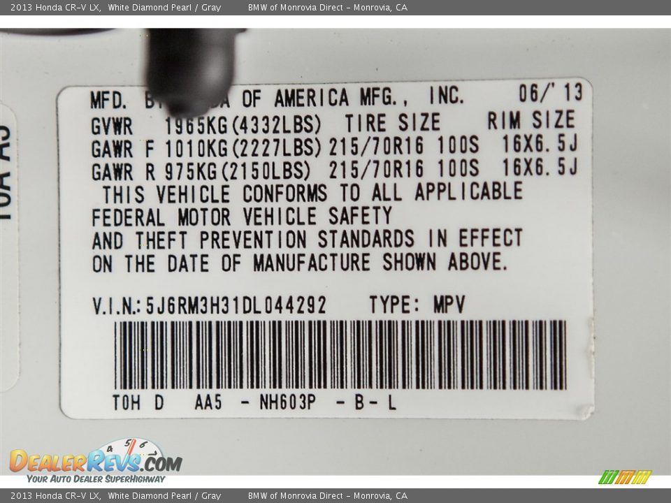 2013 Honda CR-V LX White Diamond Pearl / Gray Photo #20